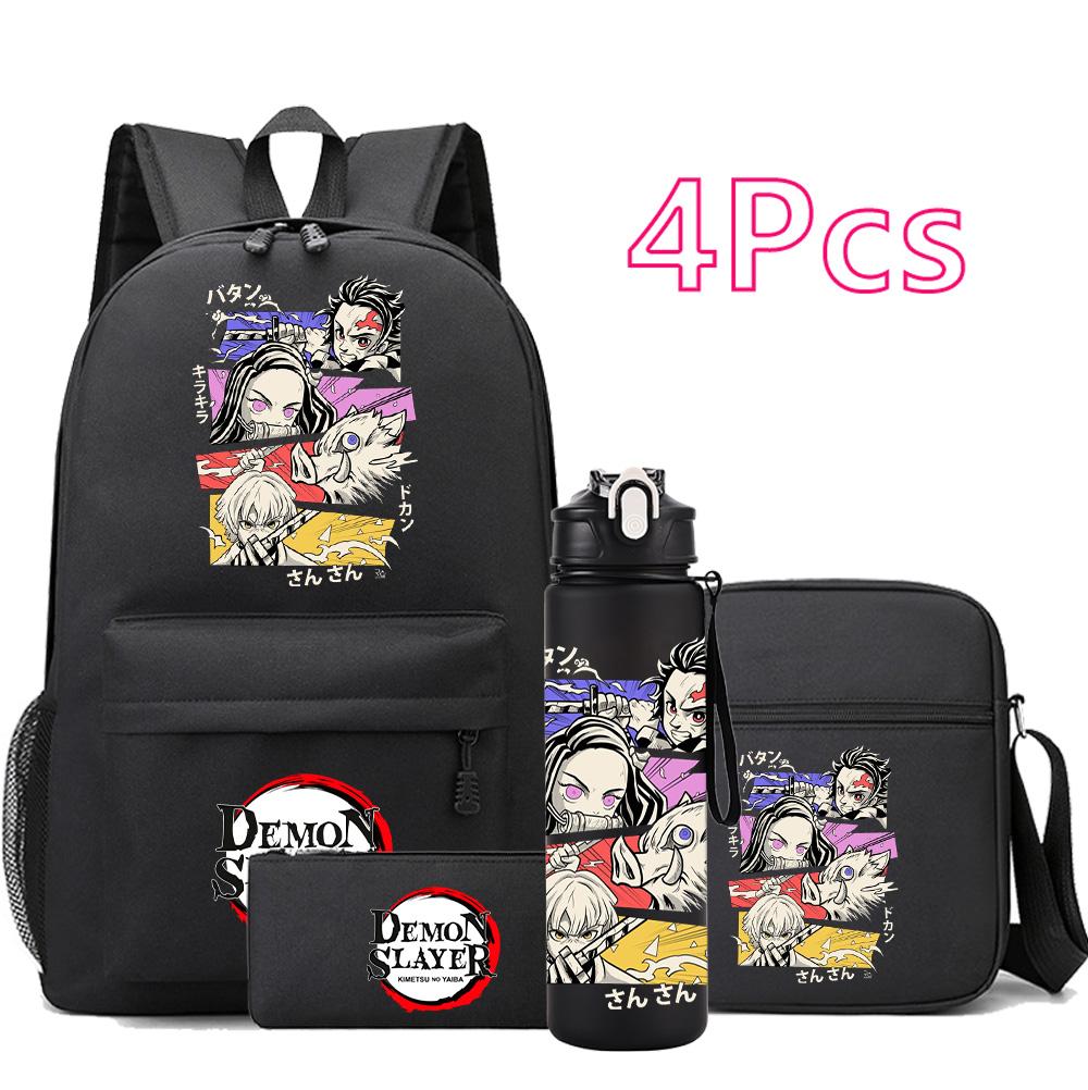 4 st/set Anime Demon Slayer Tryckt Ryggsäck Skolväska Axelväska Fodralväska med 750 ml Vattenflaska Pojke Flicka Stor Kapacitet Vattentät Skolväska