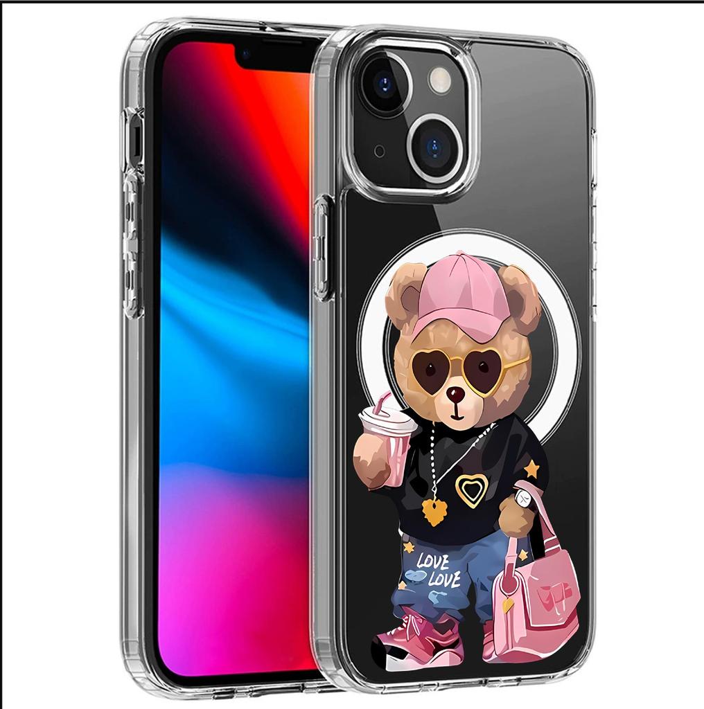 Kreskówkowy Miś Magnetyczne Etui na Telefon dla iPhone 15/16/17 Pro Max - Przezroczyste Pełne Pokrycie