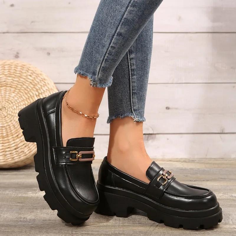 Ladies Shoes on Sale 2024 Fashion Slip on Women's Pumps Autumn Round Toe Chain Solid Dress Platform Chunky Heels Plus Size Shoes