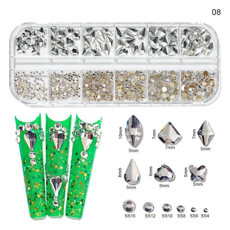 12Gird Box Multi Size AB/Colorful Hotfix Rhinestones Flatback Crystal Diamond Gems 3D Glitter Nail Art Luxurious Decorations