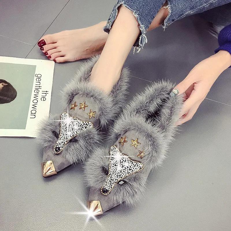Dámské kotníkové boty Křišťálová hlava lišky Dámské boty Zimní móda Kovová špička Nadýšený plyš Vysoký podpatek Dámská svatební párty obuv