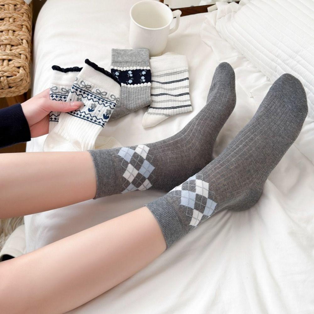 Korean Style Mid-calf Socks Grey Checkered Boneless Pile Socks New Cotton Socks Spring Summer