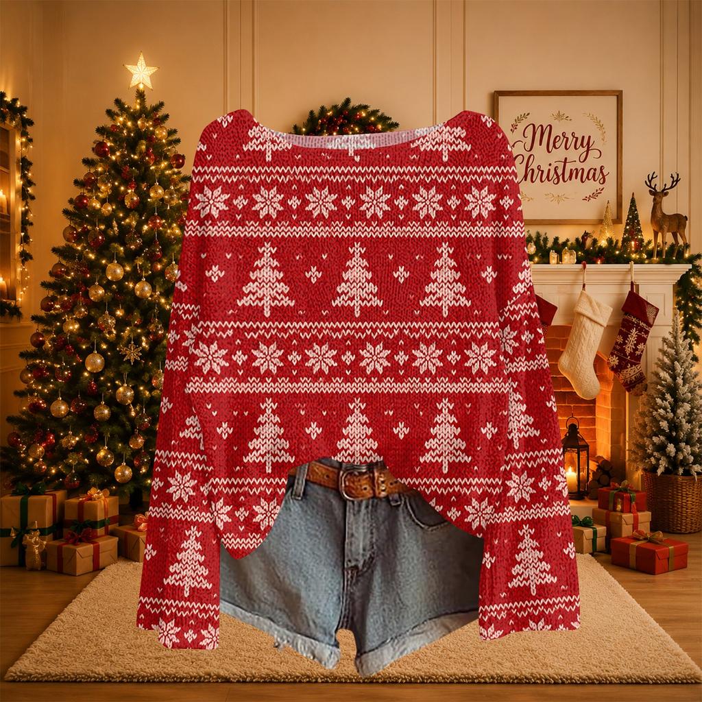Women's Christmas Print Lightweight Knit Sweater Casual Long Sleeve Pullover Top