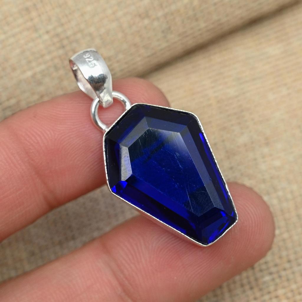 Blue Sapphire Lab-Created 925 Sterling Silver Handmade Jewelry Pendant