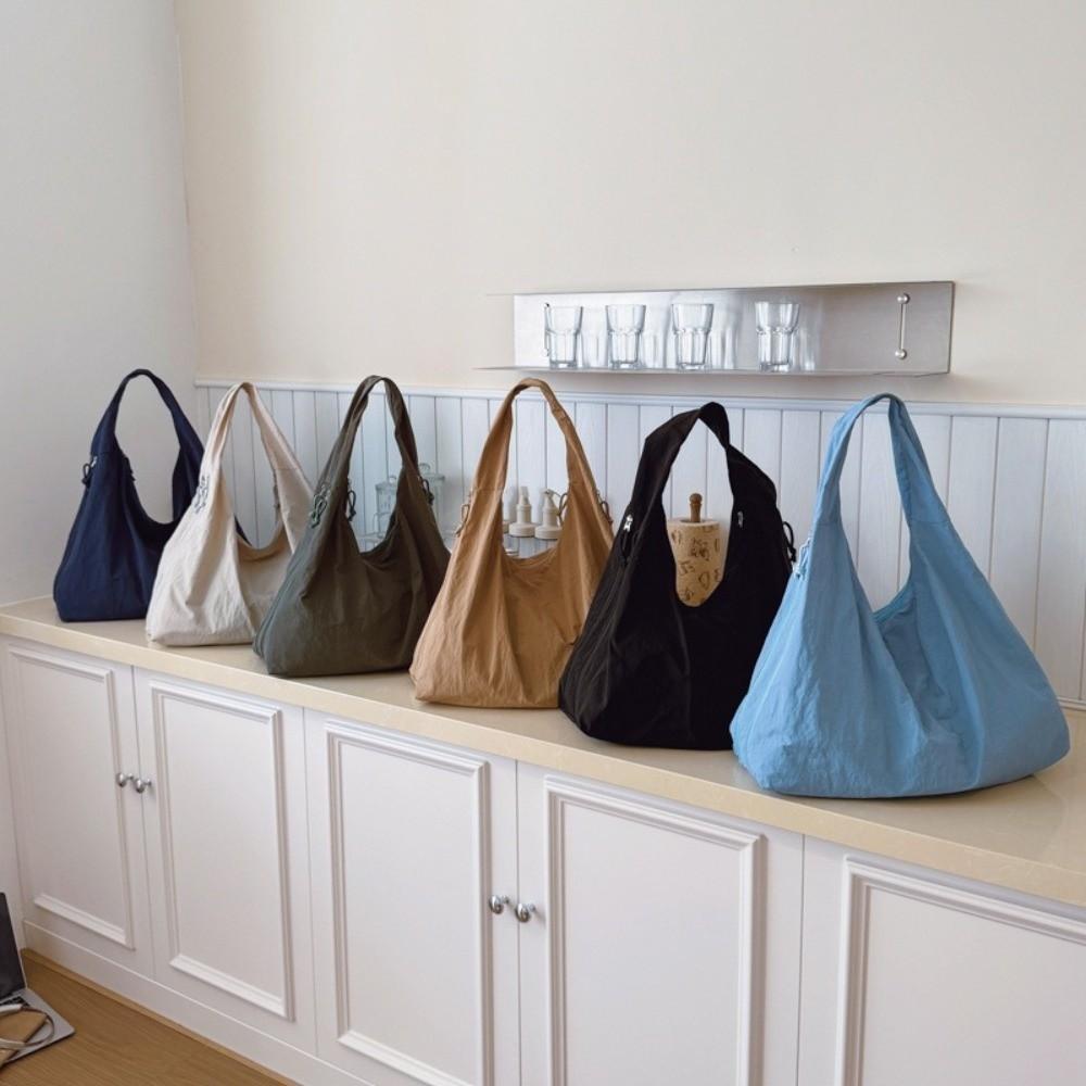 New Nylon Shoulder Tote Bag Waterproof Large Capacity Underarm Bag Solid Color Zipper Closure Shopping Bag for Women Girls