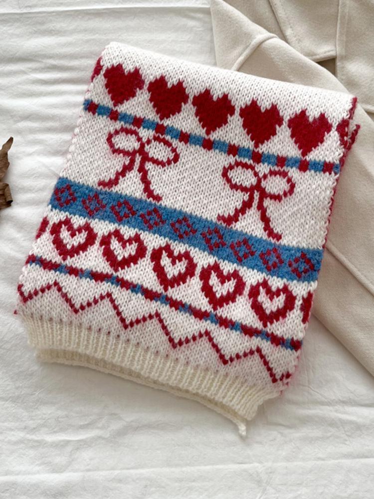 New Women'S Beige Heart Bow Knit Scarf Winter Warm Soft Valentine'S Day Fashion Korean Wrap Scarves For Ladies Male Sweet Casual