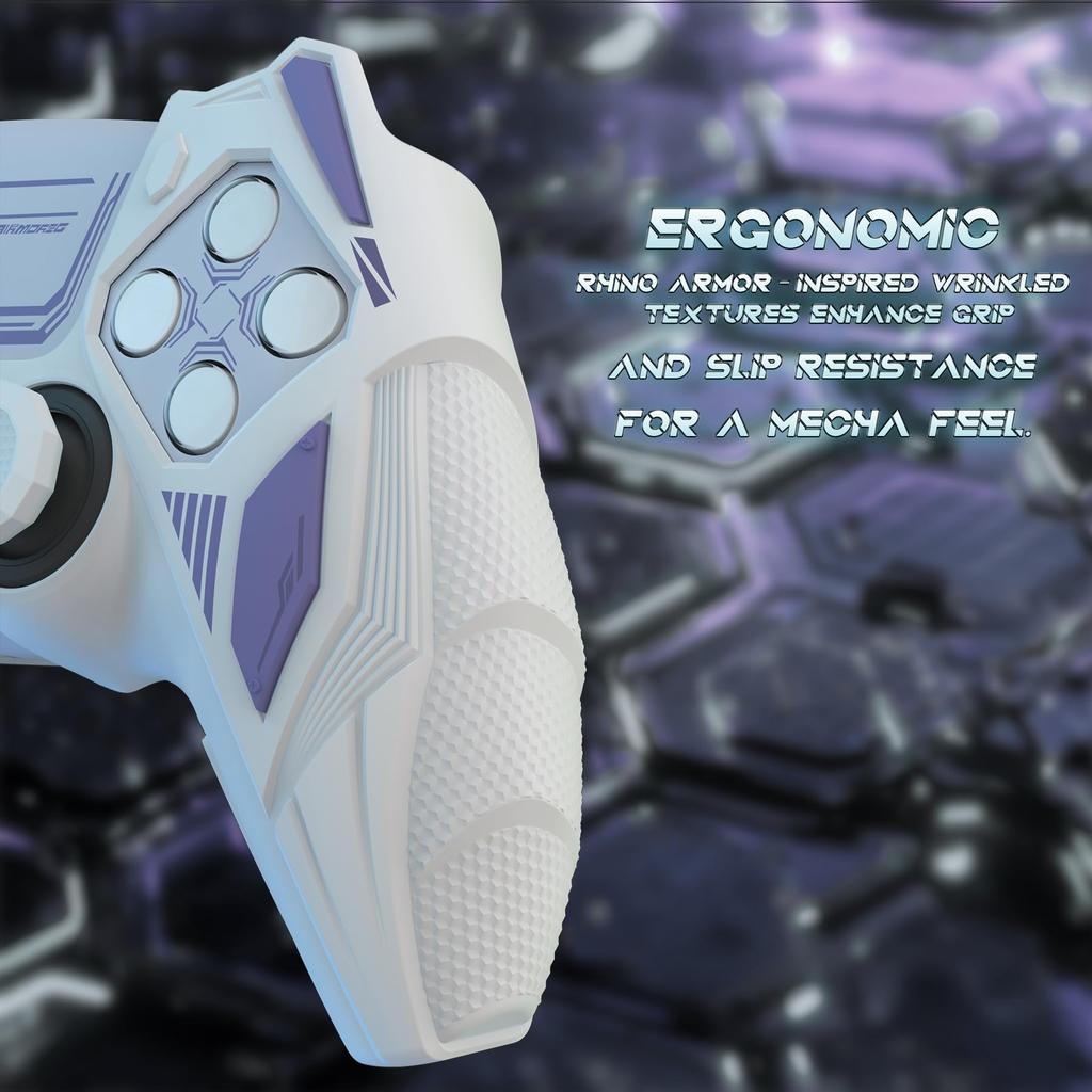 PlayVital PS5 Controller Silicone Mecha Rhino Shockproof Protective Easy Includes Thumb Grips and Compatible with Charging White and Light Purple
