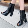 Fashion Womens Fish Mouth Ankle Boots Summer Female Cross-Tied Thick High Heels Shoes Lace-Up Chelsea Booties Mujer Botas Silver Black