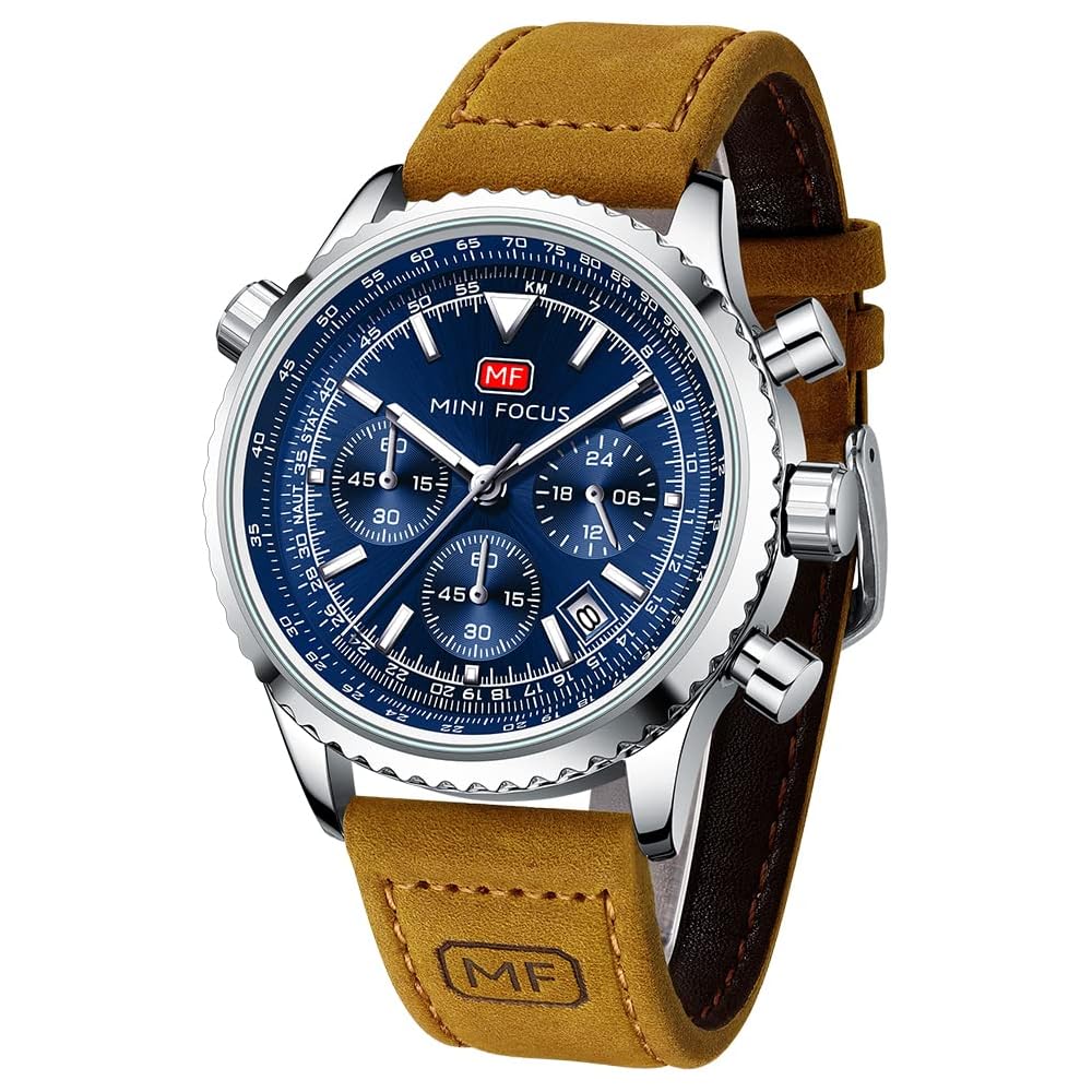 Men's Quartz Watch with Date Function, Stainless Steel Band, 3ATM Waterproof, Casual Analog Style Brown Blue
