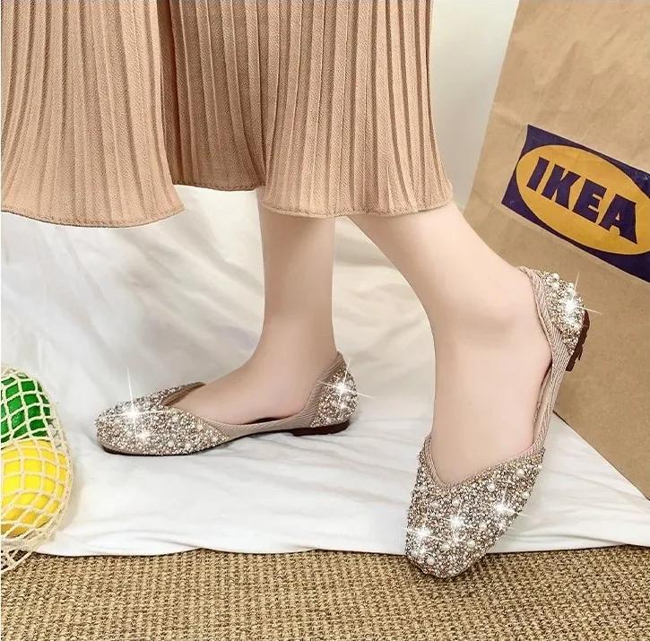 Brokatowe kryształowe perły szpilki baletki damskie kwadratowe palce wsuwane mokasyny przytulne, płytkie wycinane baleriny mieszkania mokasyny damskie