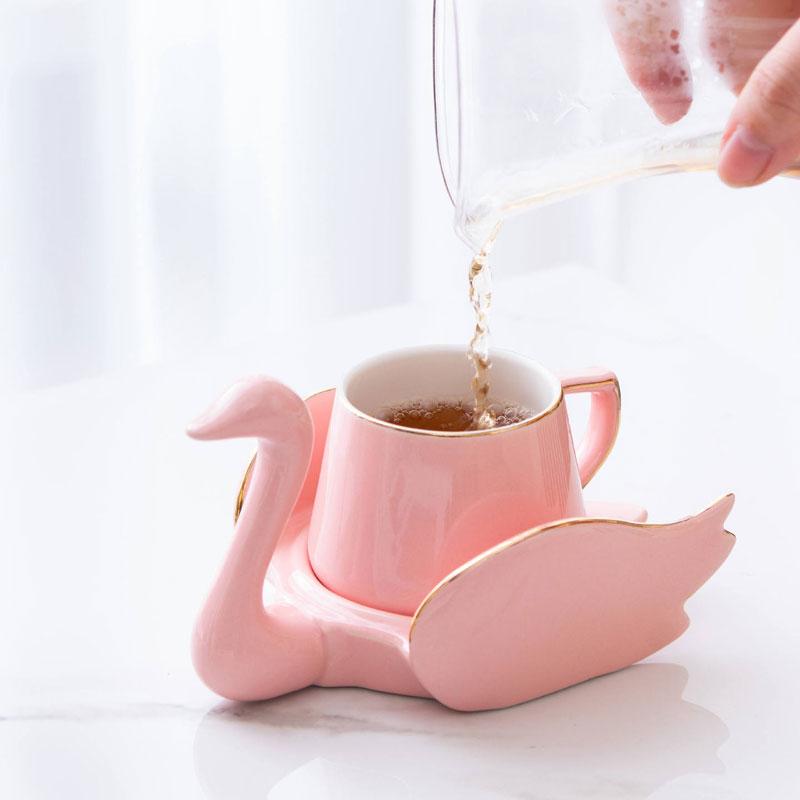 Swan Coffee Cup Saucer Set Gold Rim Small Cute White Black Green Pink Ceramic Cup Saucers Lovely Gifts Nordic Creative Drinkware