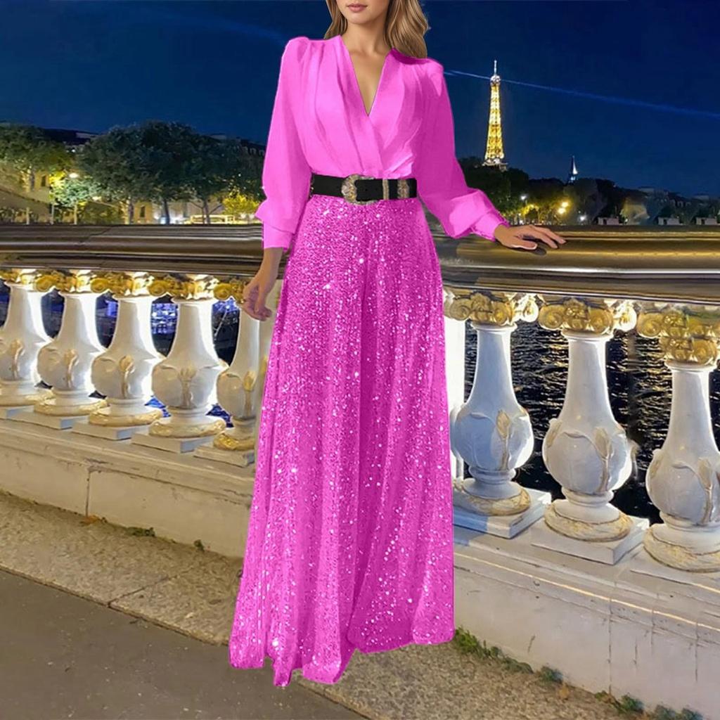Blouse Fashion pour Femme à Col en V et Manches Longues Élégante et Gracieuse Taille Cintrée pour une Silhouette Flatteuse Combinaison à Jambes Larges Ornée de Sequins