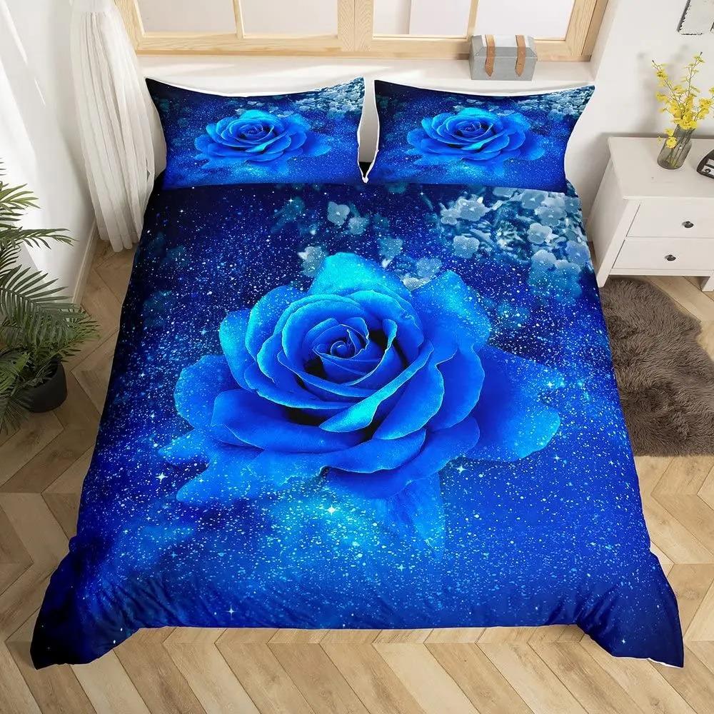 Royal Blue Roses Bedding Set Valentine's Day Flower Duvet Cover Girls Lovers Couple Comforter Cover Floral Polyester Quilt Cover