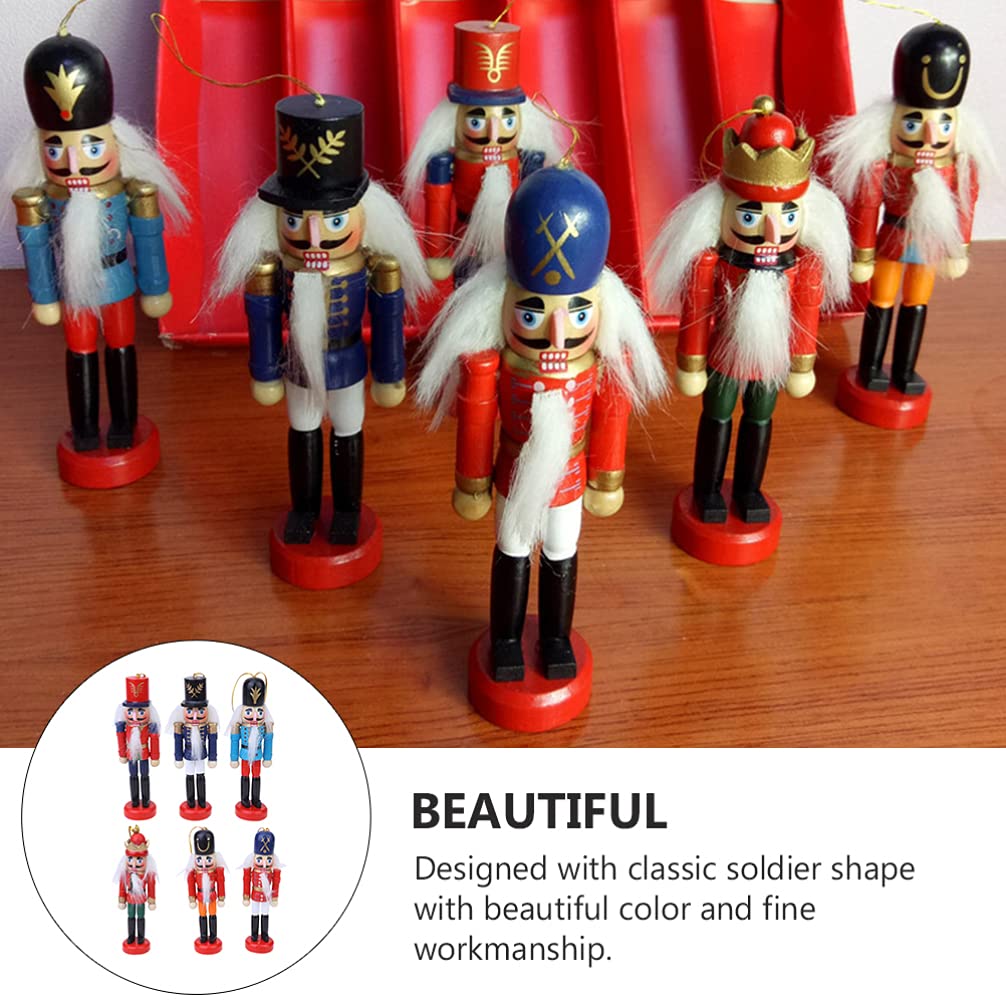 6 Pcs Nutcracker Soldier Christmas Wooden Nutcracker Soldier Tall Christmas Ornaments Figures Puppet Toy Christmas Tree Hanging Decorations Decor Gift