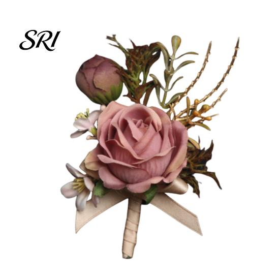 European Forest Style Corsage Rose Bud Wedding Flower Set, Wrist for Bride Bridesmaid Light & Boutonniere Groom Groomsman, Artificial Silk Floral