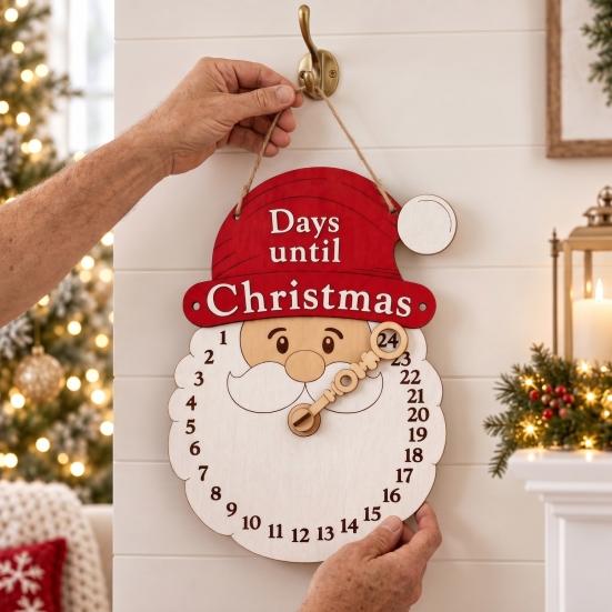 Rustic Holiday Decor Christmas Advent Calendar Wooden Hanging Sign, 24 Days Welcome Sign with Rope, Decorative Wall Santa Countdown Decorations