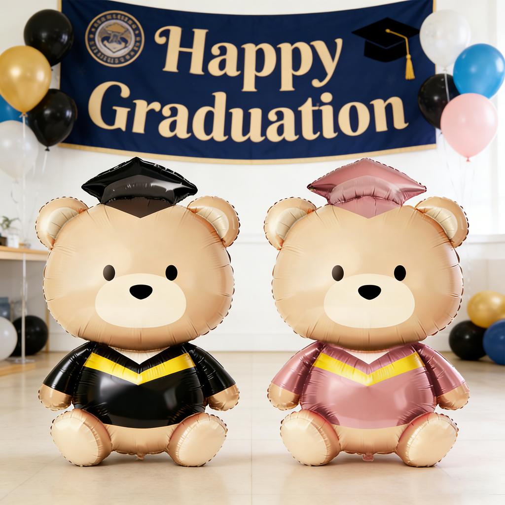 2Pcs/set Graduation Bear Foil Balloons Cute Doctoral Cap Pink Bear Balloons Graduation Ceremony Back-to-School Party Decorations
