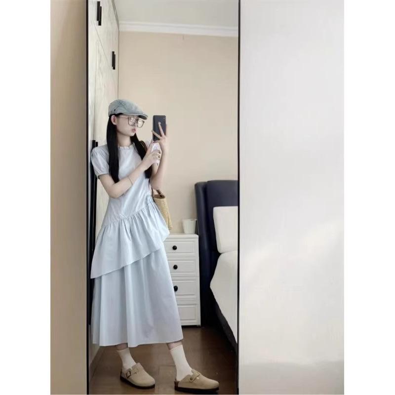 Gentle wind blue bubble sleeve dress women's summer new drawstring waist medium and long cake dress