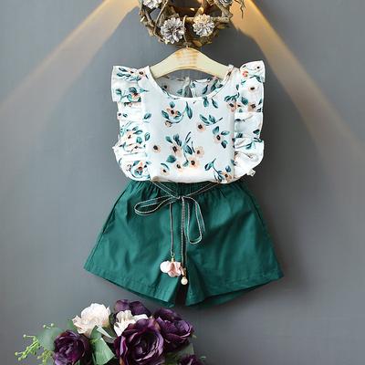 5593 Summer Girls' Korean Version Flying Sleeve Small Floral Print Top+loose Solid Color Shorts Two-piece Set Pants