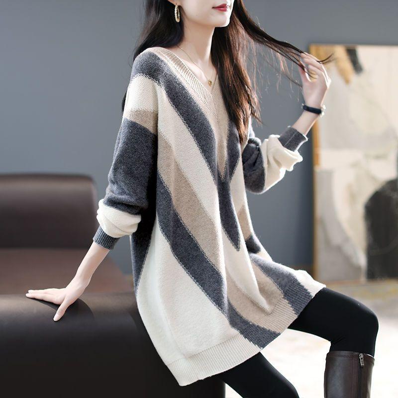 Sweater for Women Autumn Winter Oversize Thickened Pullover Warm Knitted V Neck Base Layer Stretchy Long Sleeve Jumper Tops