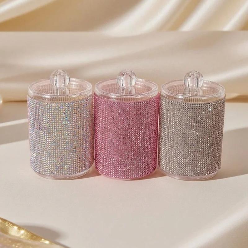 Diamond-Studded Cotton Swab Storage Jar, Decorative Bathroom Vanity Countertop Makeup Desk Storage Box