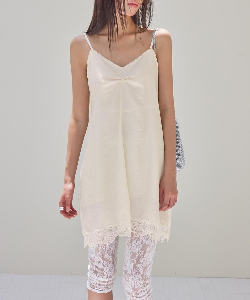 Leondeondada Lace Trim Pintuck Slip Dress, Cream