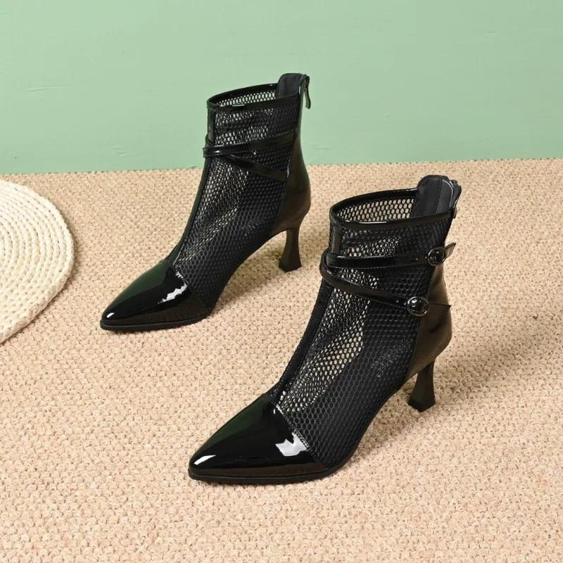 Women's Single Shoes With Heels 2025Fashion Mesh Hollow Out Fine Heel Pointed Toe High Heeled Ankle Boots Comfortable High Heels