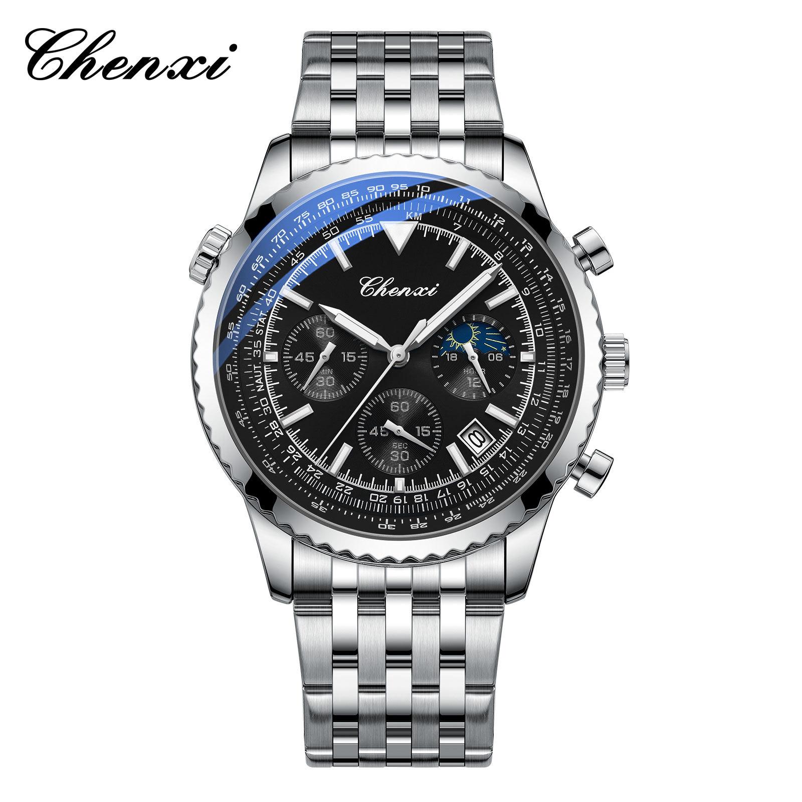 

CHENXI Мужские кварцевые часы Люминесцентный Хронограф Календарь Водонепроницаемый Ремешок из нержавеющей стали Деловые Повседневные Мужские часы чёрный/серебряный