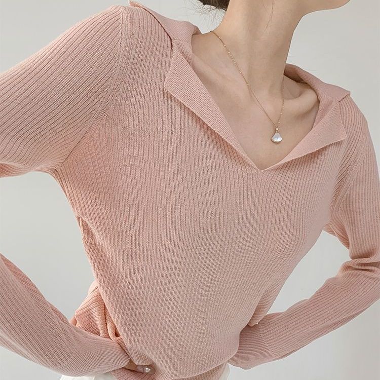 

Women s Polo Collar Knit Sweater Autumn Slim Fit Solid Color Knit Pullover Sweater Stretch Knit Top 2XL рожевий