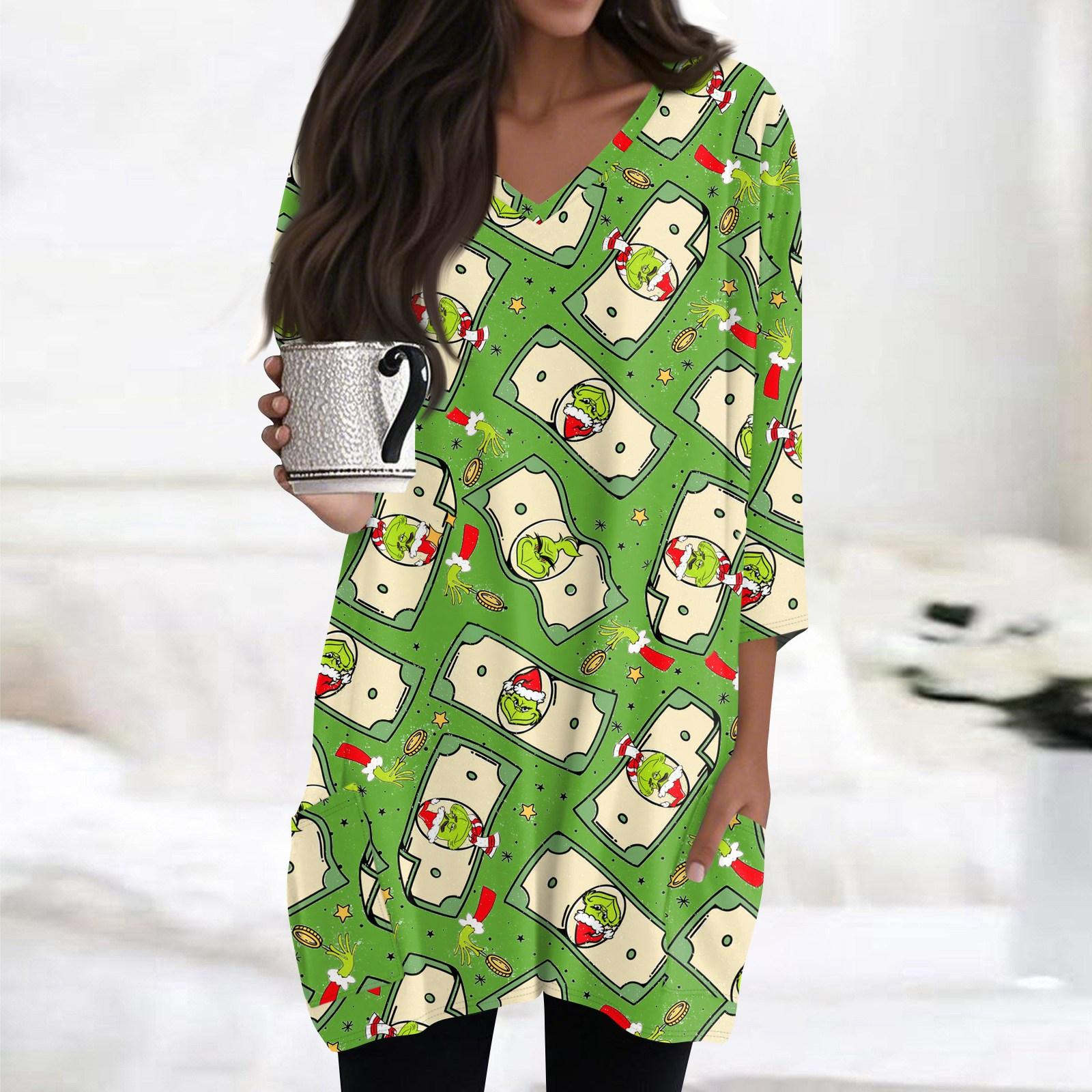 

Женские топы с V-образным вырезом и рукавом 3/4, повседневные блузки средней длины, модные туники с рождественским принтом и карманами XXL зелёный