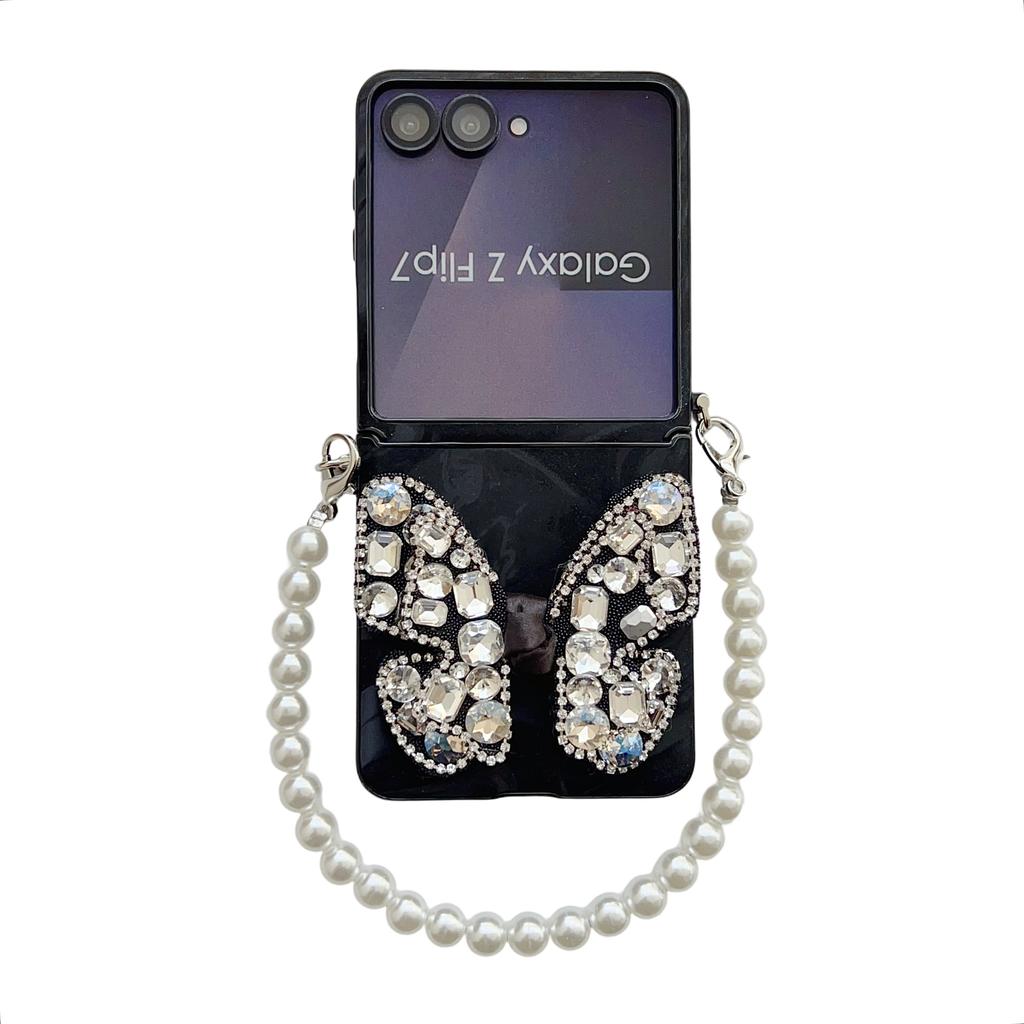 Butterfly Diamond and Gorgeous Pearl Wrist Phone Case for Samsung Galaxy Z Flip 7 FE 6 5 4 Start Wrist Strap Protective Cover