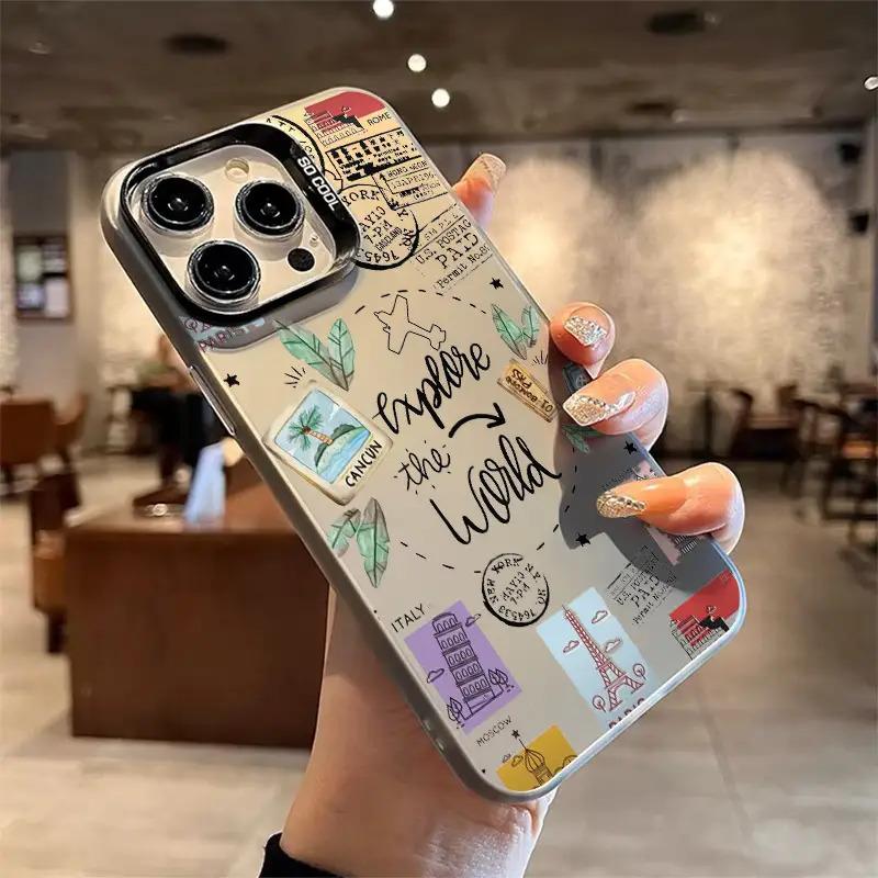 World Travel Route Map Laser Vitality Shell Lens Half Pack Suitable for Apple Series For iPhone 14 Pro 17 16 15 13 12 11 Pro max Plus