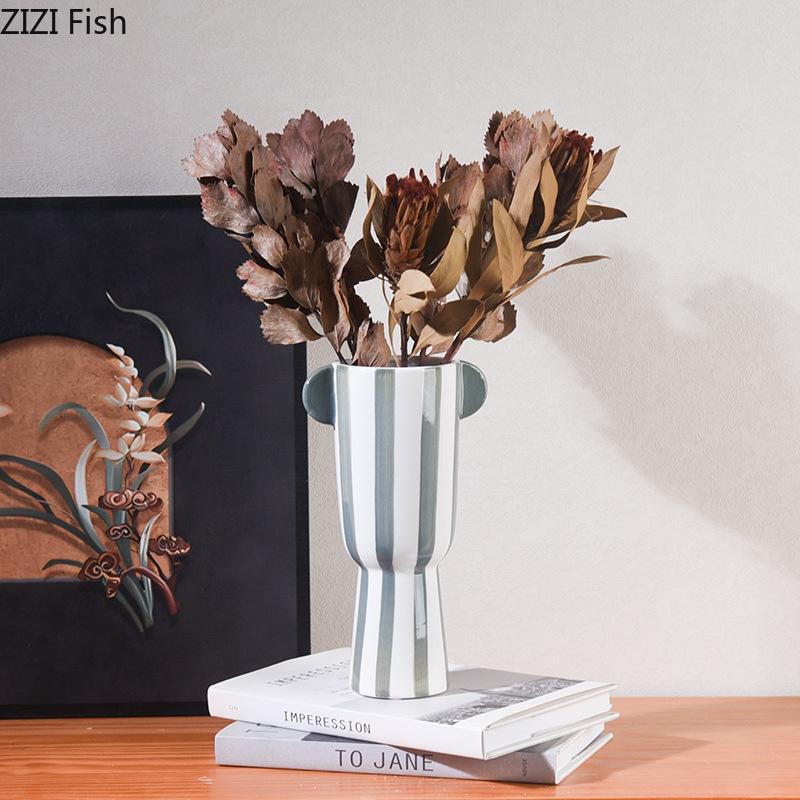 Minimalist White Stripes Ceramic Vase Hydroponics Flower Pots Desk Decoration Flower Arrangement Vases Room Aesthetic Decor