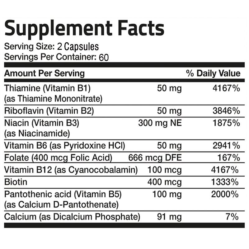 B-complex vitamin capsules, B-complex nutrition, adult dietary supplements, suitable for both men and women.