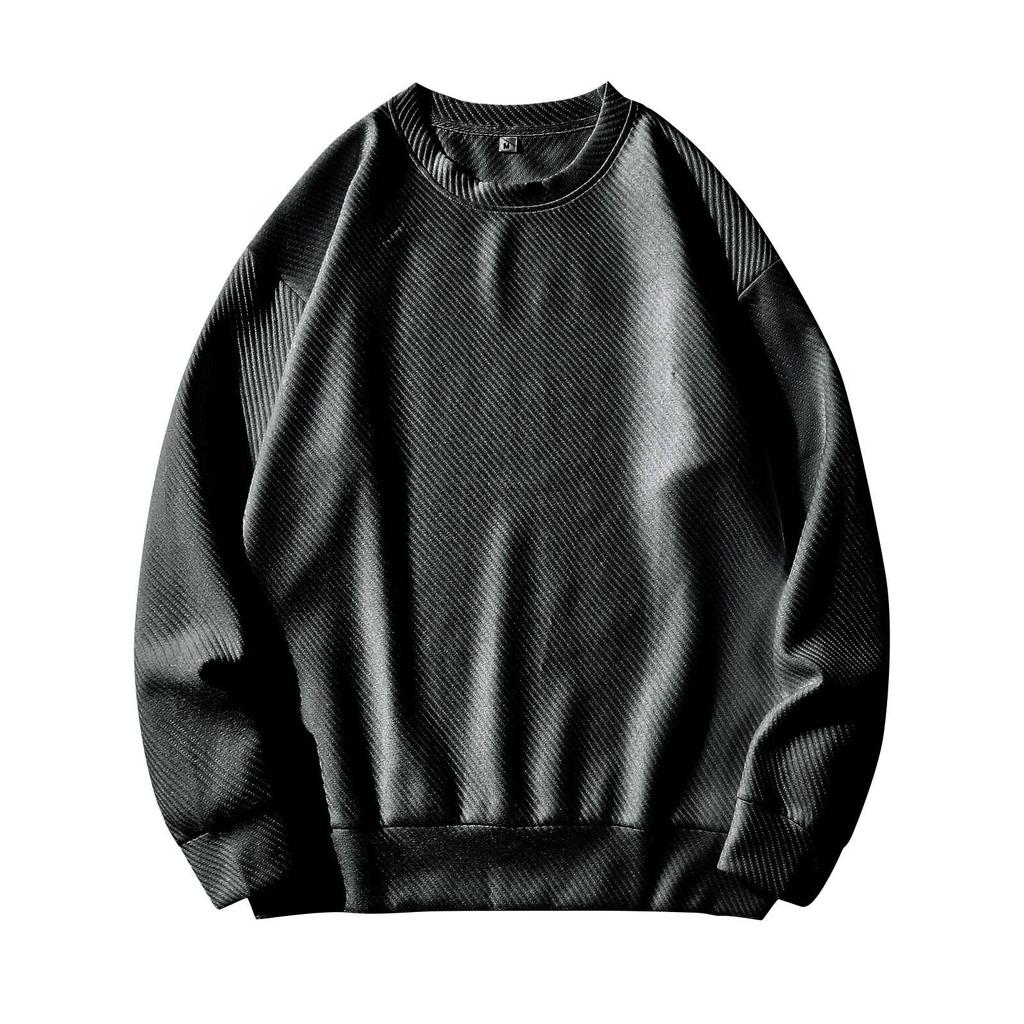 Men's Winter Solid Color Striped Casual Tops Long Sleeve Round Neck Sweatshirt