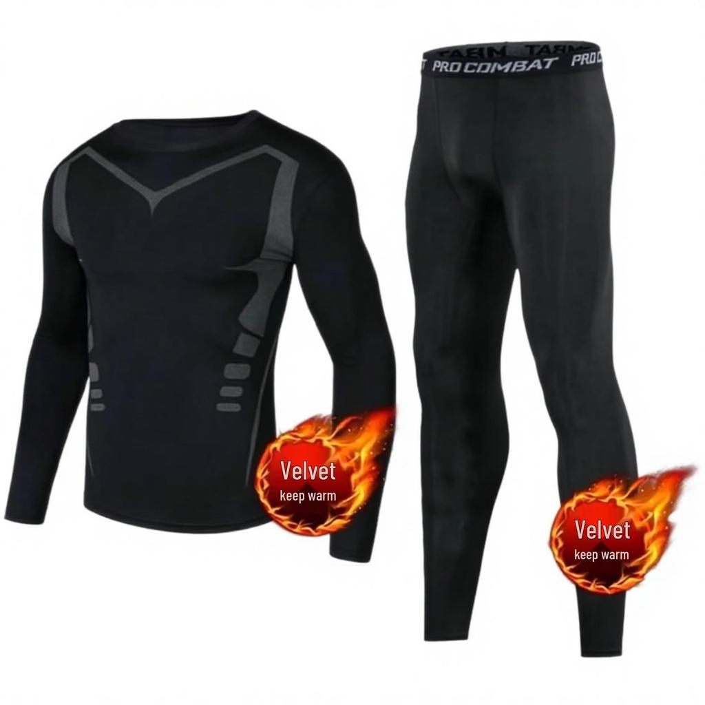 Men's Quick-Dry Fleece-Lined Sports Set - Breathable Long Sleeve Fitness Wear and Running Tights.