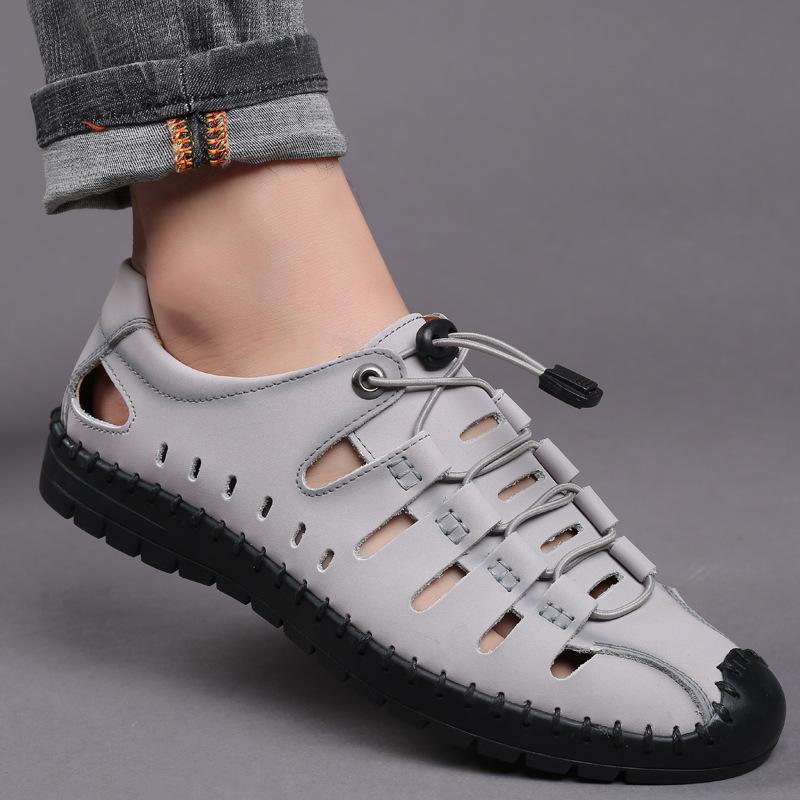 Summer New Men's Sandals Leather Casual Shoes Men's Hollow Breathable Hole Shoes Leather Shoes Trade Men's Shoes