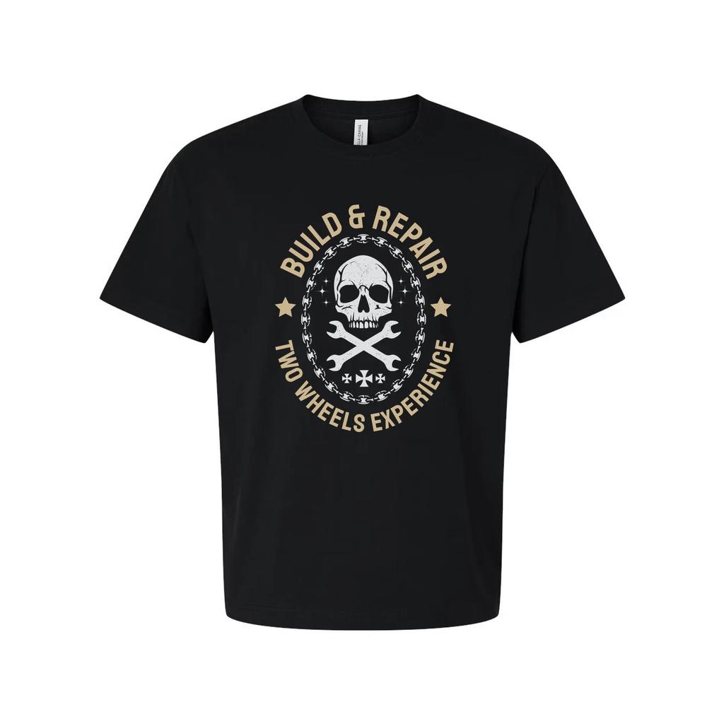Unisex Motorcycle T Shirt With Skull Crest And Build And Repair Two Wheels Exper