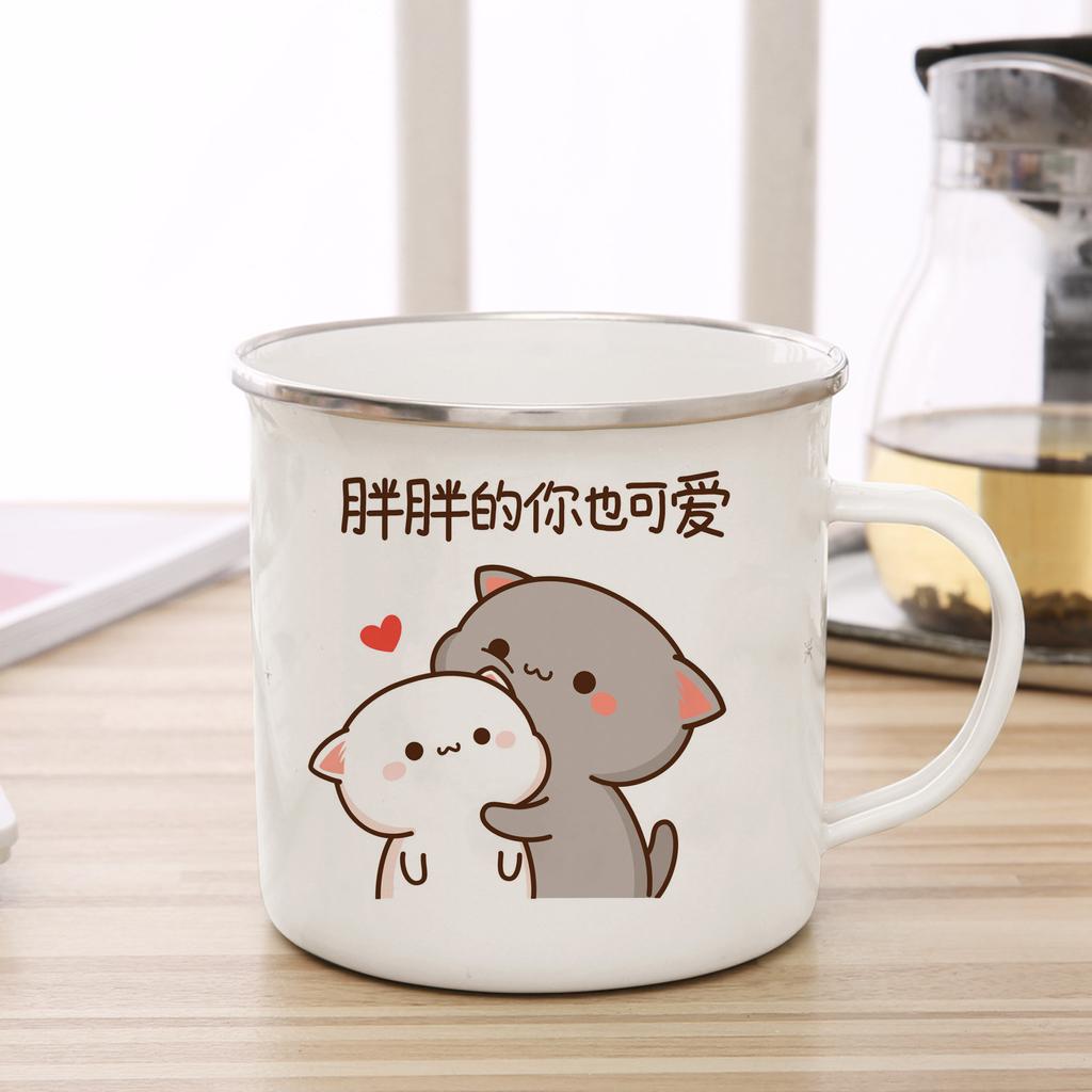 New Peach and Goma Cat Enamel Coffee Tea Cup Cute Animal Breakfast Dessert Milk Water Cup Couple Gift Original Breakfast Cups