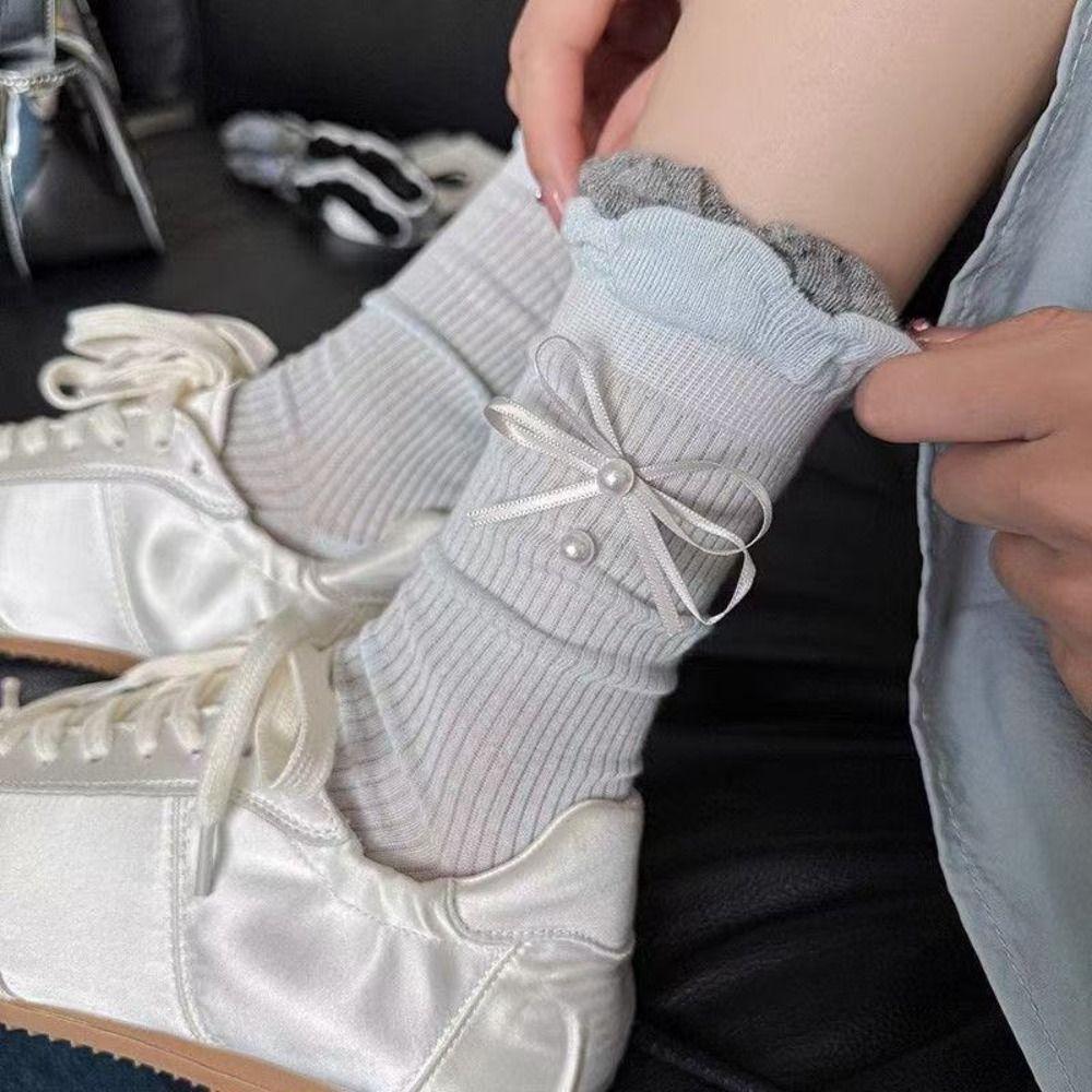 5Pairs Ruffle Bowknot Pearl Socks Ins Style Sweet Socks Women Solid Color Mid Tube Socks  Girl