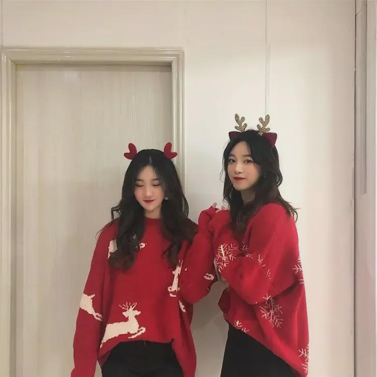 Women's Red Christmas Jacquard Pullover Sweater – Autumn New Style, Round Neck, Long Sleeve, Elegant Knit Design