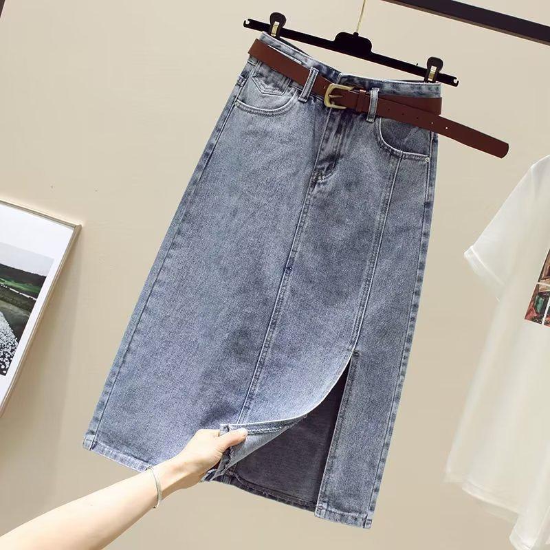 Damen Denim Midi Rock: Frühling/Herbst 2024 A-Linie mit Schlitz, Mittellang Schlankmachendes Design