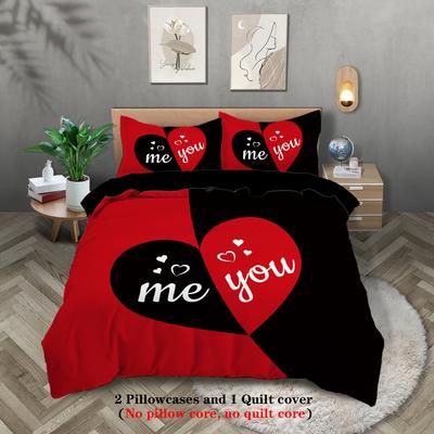 3-piece Set Red and Black ME and YOU Letters Pattern Printed Bedding Set for Bedroom Hotels Queen King Double Bed