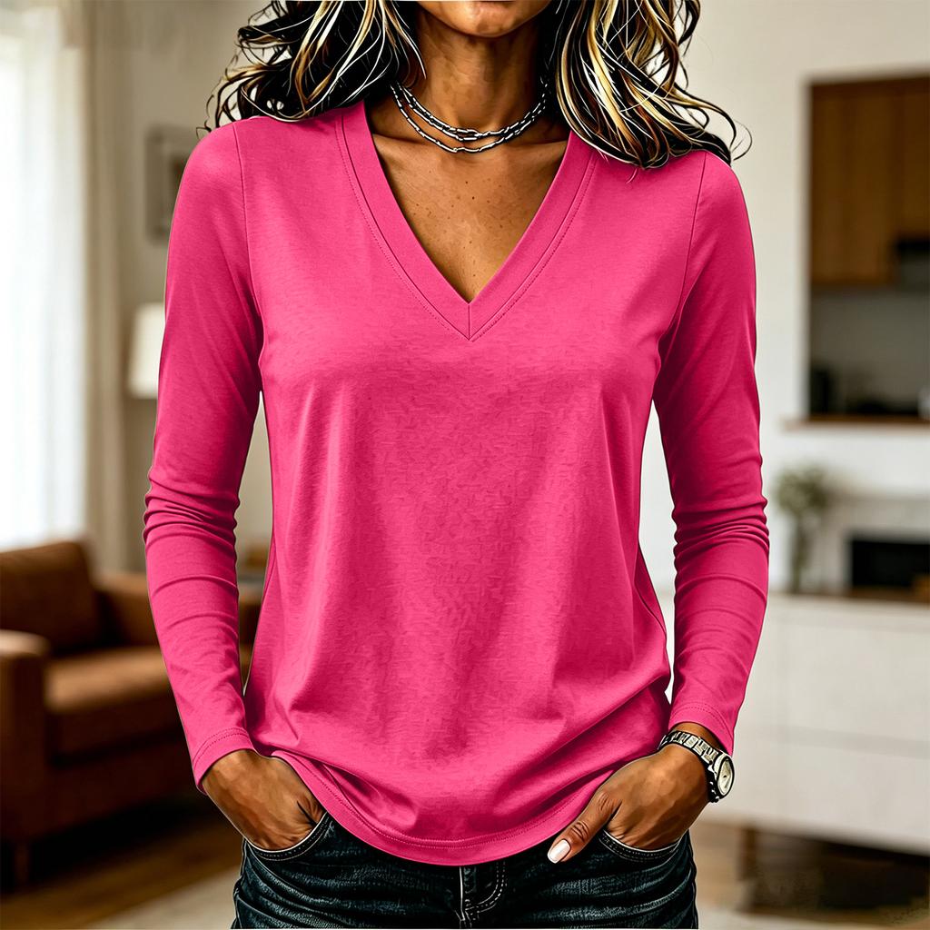 Top casual da donna a maniche lunghe, scollo a V, tinta unita, tessuto leggero, elastico, morbido, vestibilità comoda, per l'uso quotidiano