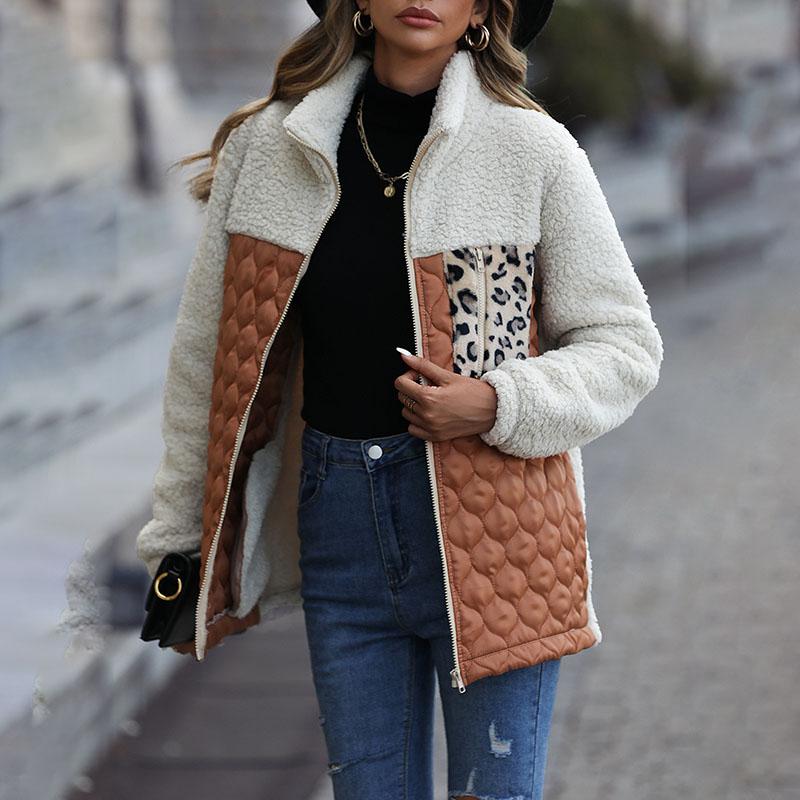 

Stand Up Collar Double-sided Velvet Jacket Women s Casual Plush Coat Loose Patchwork Leopard Print Zipper Jackets Autumn and Winter S кавовий