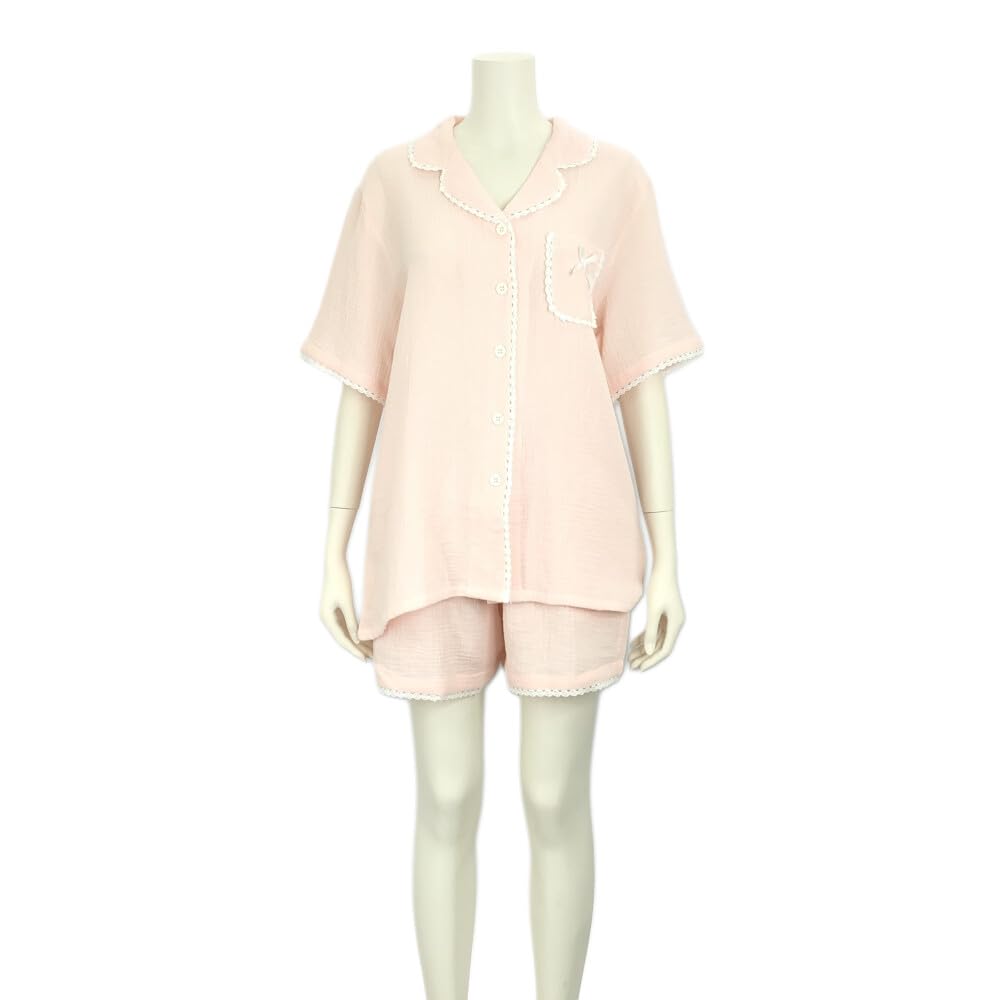 RAVIR Cotton Double Gauze Short Sleeves and Shorts Breathable and with Lace Size M Women's 100% Pajamas, Set, Moisture-Wicking Trim, Pink,