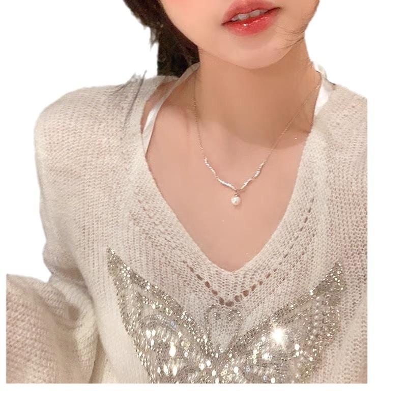 Simple Personality Flash Diamond Wave Pearl Pendant Necklace Light Luxury Temperament Exquisite Versatile Personality Necklace