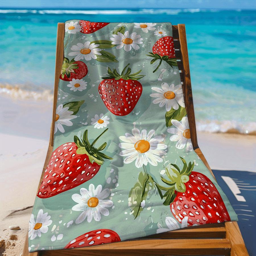 Sandproof Microfiber Beach Towel, Strawberry Daisy Watermelon Print Soft Quick Dry Absorbent for Swimming Camping Bathing Fun