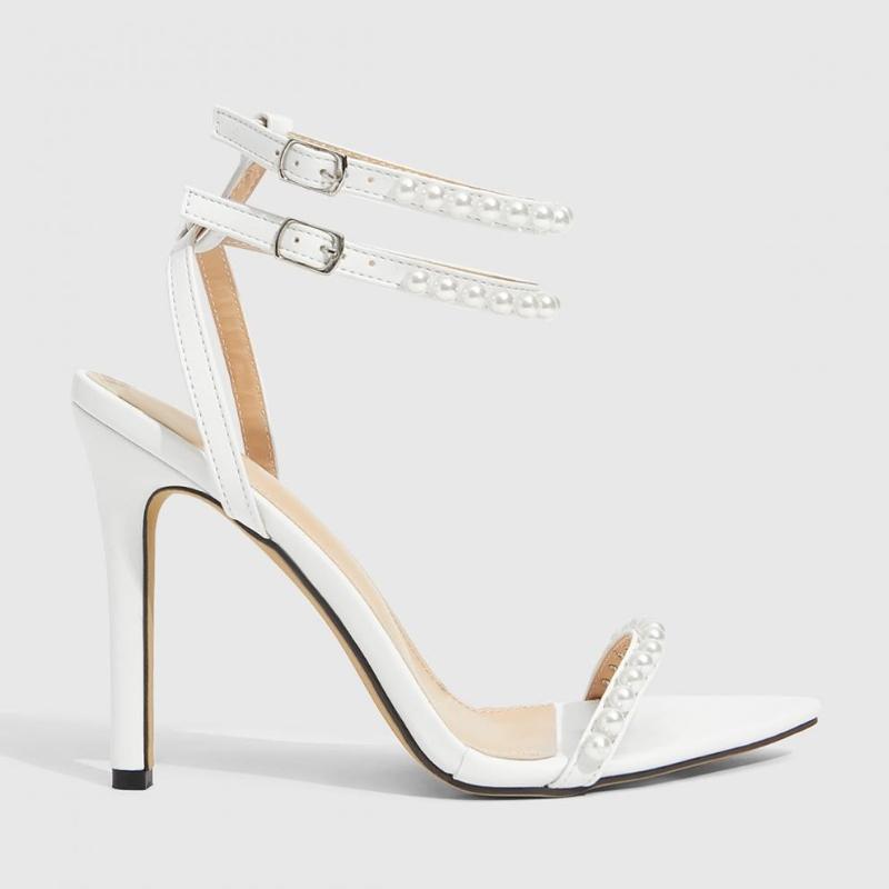 Fashion Fashion String Bead Decoration High Heeled Sandals Women Sexy White Narrow Band Brand Designer Shoes Elegant Wedding Bridal Shoe