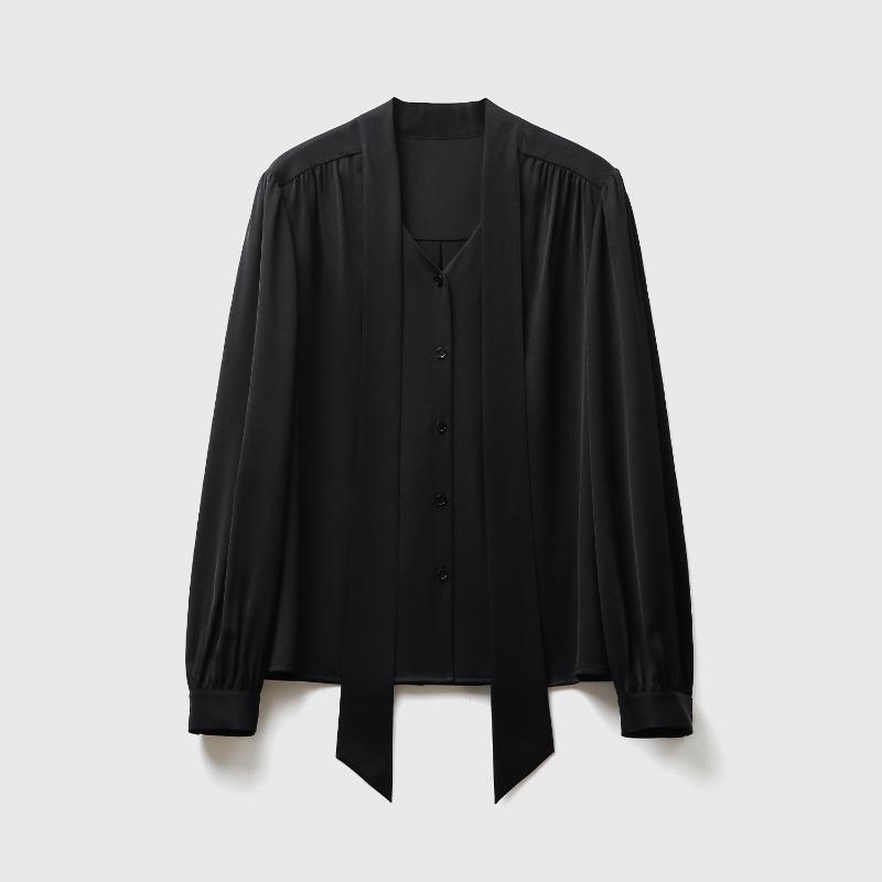 

Ацетатная атласная рубашка с длинным рукавом и французским бантом, женская осенняя элегантная блузка премиум-класса Sense XL чёрный